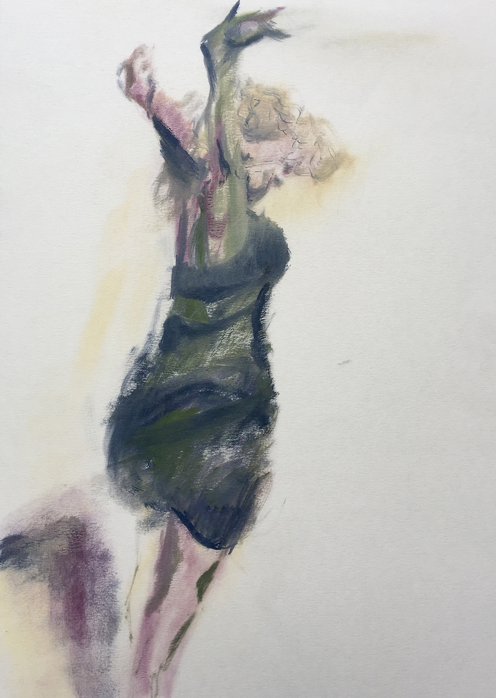 Bild mit Pastellkreide gemalt von Nicole Sacher mit einer Frau die einen Tanz darstellt. Schwungvolle Bewegungen - stiller Tanz.