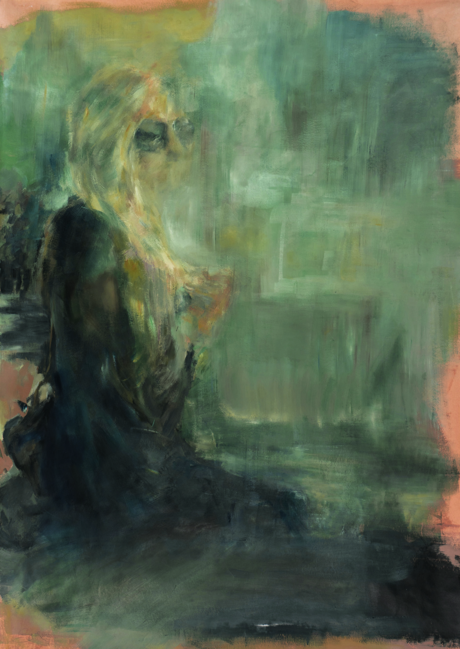 Ölbild von Nicole Sacher gemalt, mit einer Frau die melancholisch in die Weite schaut und am Wasser sitzt