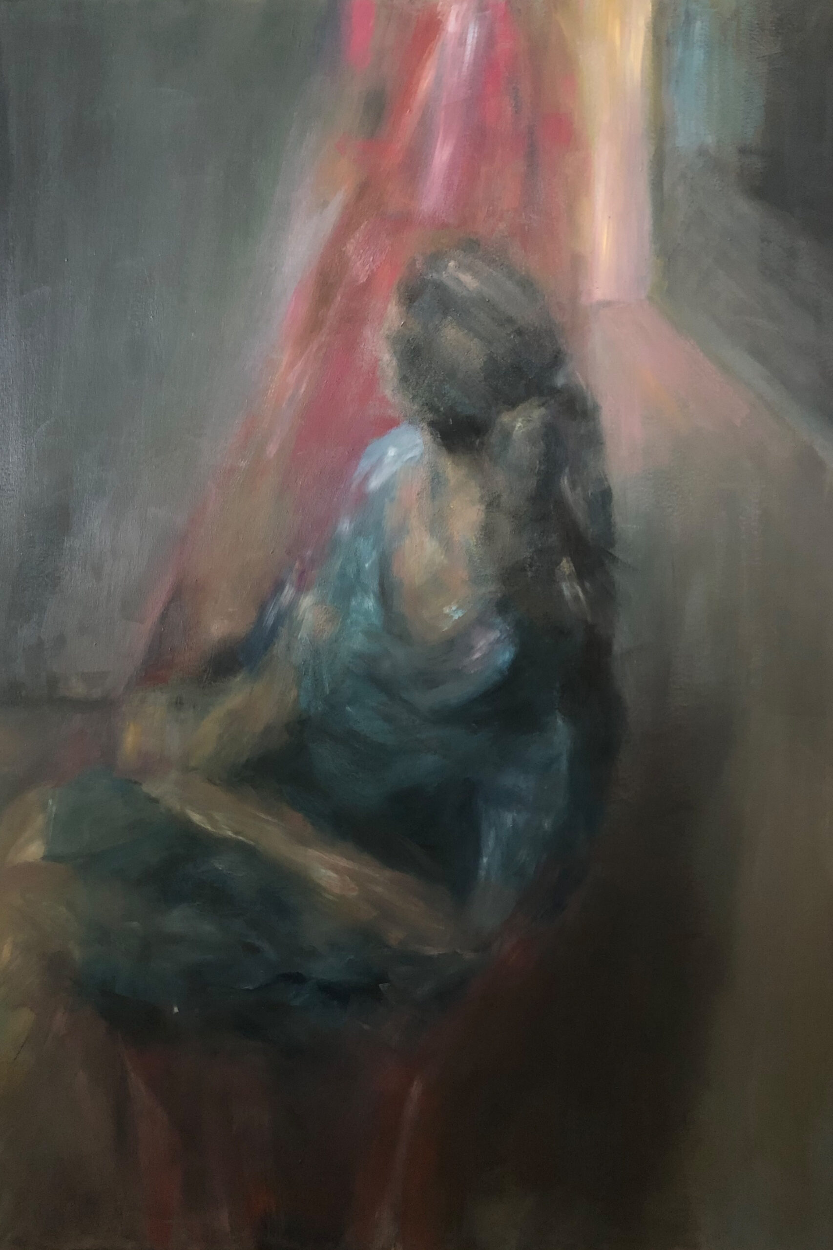 Ölbild von Nicole Sacher mit einer Frau, die in einer Hängematte sitzt und in die Weite schaut